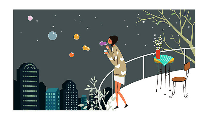 여자 의자 일러스트 탁자 한명 빌딩 성인 야외 발코니 비눗방울 야간 혼자 국내일러스트 AI파일 자연요소 1 가구 사람 건물 파일형식 벡터