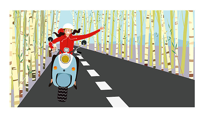 여자 도로 일러스트 한명 성인 스쿠터 대나무 안식처 혼자 국내일러스트 AI파일 나무 1 길 교통시설 휴식 사람 오토바이 파일형식 벡터