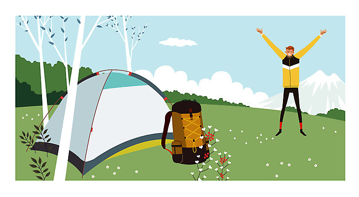 주간 남자 여행 일러스트 배낭 산 텐트 한명 성인 야외 등산 만세 캠핑 안식처 혼자 국내일러스트 AI파일 자연요소 1 가방 모션 레저 휴식 캠핑도구 사람 트래킹 파일형식 벡터
