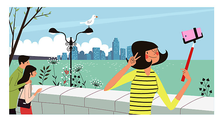 주간 커플 여자 남자 일러스트 빌딩 성인 야외 세명 산책 강가 셀프카메라 셀카봉 혼자 국내일러스트 AI파일 자연요소 관계 휴식 사람 건물 강 사진촬영 파일형식 벡터