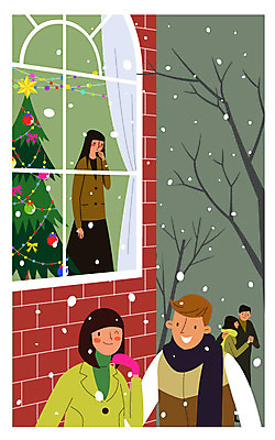 커플 여자 남자 겨울 일러스트 창문 여러명 성인 크리스마스트리 눈 혼자 국내일러스트 AI파일 자연요소 계절 다수 크리스마스 관계 날씨 사람 파일형식 벡터