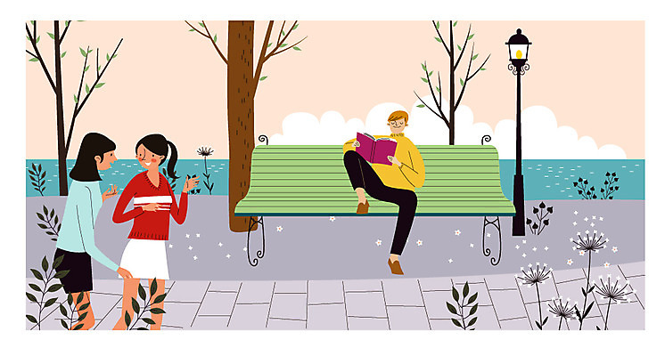 공원 여자 남자 가로등 벤치 일러스트 성인 책 세명 독서 혼자 국내일러스트 AI파일 공공시설 의자 사람 파일형식 벡터