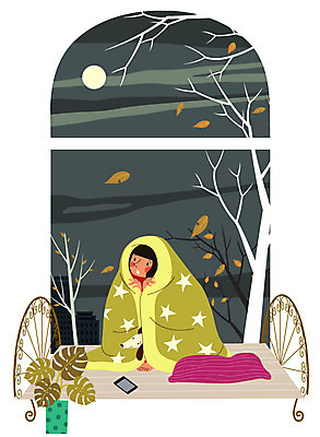 여자 낙엽 일러스트 창문 실내 한명 성인 이불 침대 강아지 무서움 덮기 혼자 국내일러스트 AI파일 1 감정 가구 잎 침구 모션 사람 내부 반려동물 개 파일형식 벡터