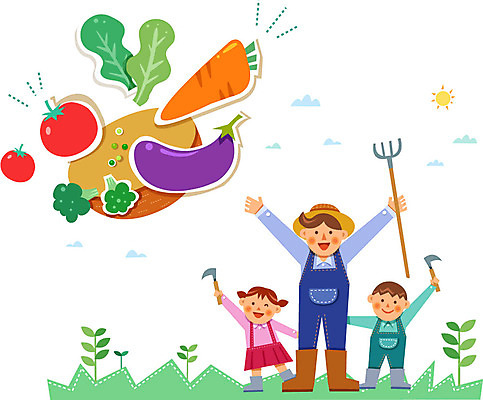 여자 남자 어린이 토마토 채소 일러스트 가지 성인 세명 당근 농부 농기구 유기농 국내일러스트 AI파일 직업 웰빙 농업 뿌리채소 사람 파일형식 벡터