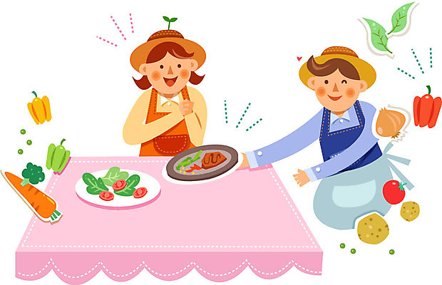 여자 남자 음식 토마토 채소 일러스트 탁자 감자 파프리카 스테이크 성인 두명 앞치마 당근 농부 유기농 국내일러스트 AI파일 직업 웰빙 가구 뿌리채소 서양음식 사람 파일형식 벡터