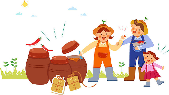 여자 남자 어린이 채소 일러스트 고추 성인 세명 항아리 고추장 장 농부 유기농 메주 국내일러스트 AI파일 직업 웰빙 사람 도자기 양념 파일형식 벡터