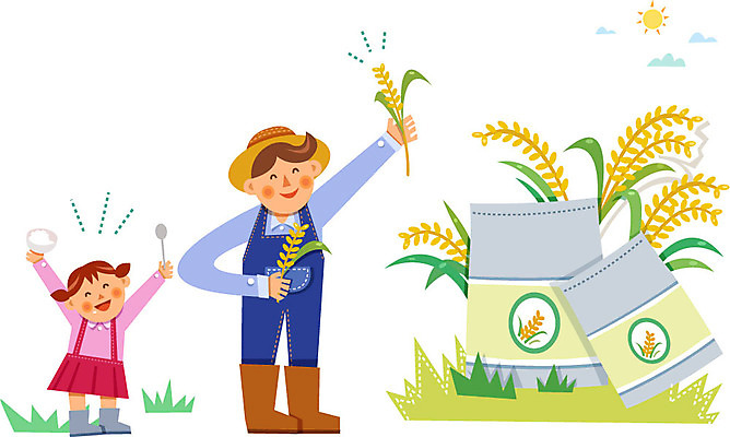 여자 남자 어린이 일러스트 성인 두명 숟가락 쌀 농부 유기농 보리 쌀밥 국내일러스트 AI파일 직업 웰빙 밥 곡류 수저 사람 파일형식 벡터