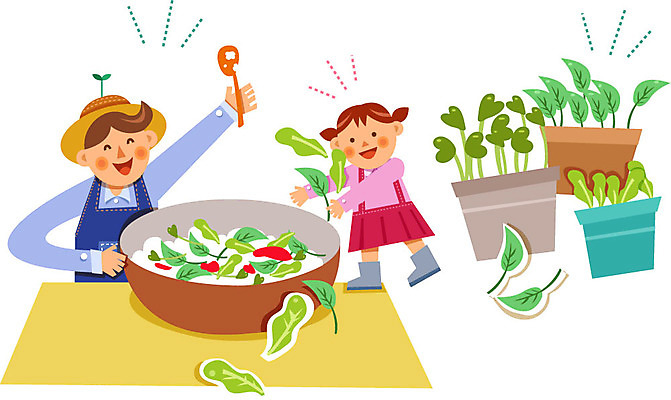 여자 남자 화분 어린이 채소 일러스트 성인 두명 숟가락 샐러드 농부 유기농 비빔밥 새싹채소 국내일러스트 AI파일 직업 웰빙 한식 음식 수저 사람 파일형식 벡터