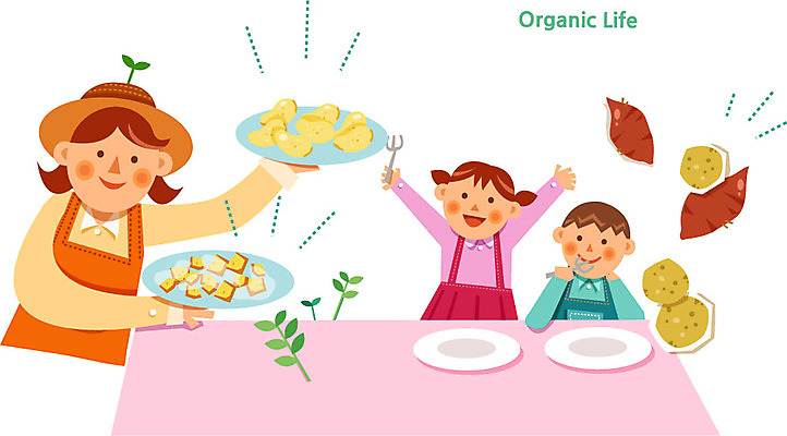 접시 여자 남자 어린이 채소 일러스트 감자 성인 세명 유기농 고구마 국내일러스트 AI파일 식기 웰빙 뿌리채소 사람 파일형식 벡터