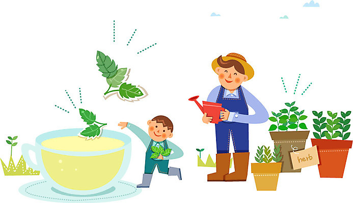 남자 화분 어린이 일러스트 성인 두명 물뿌리개 농부 허브 유기농 허브차 국내일러스트 AI파일 식물 직업 웰빙 사람 차_음료 파일형식 벡터