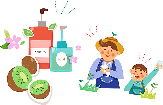 남자 어린이 과일 일러스트 키위 성인 두명 화장품 농부 유기농 세정제 손세정제 국내일러스트 AI파일 직업 웰빙 사람 위생용품 뷰티 파일형식 벡터