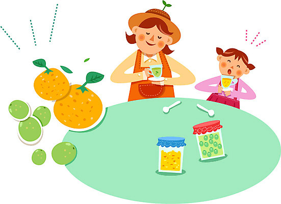 여자 어린이 과일 일러스트 성인 두명 숟가락 찻잔 유기농 매실 매실차 유자 유자차 국내일러스트 AI파일 웰빙 잔 수저 사람 차_음료 파일형식 벡터