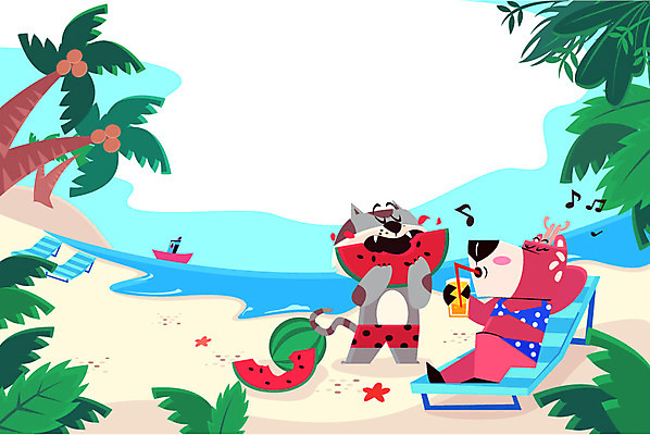 동물 음료 바다 일러스트 사슴 수박 해변 사람없음 여름휴가 바캉스 야자수 고양이 선베드 프레임일러스트 트로피컬아트 국내일러스트 AI파일 나무 의자 과일 포유류 휴가 프레임 반려동물 그림 파일형식 벡터 여름_계절
