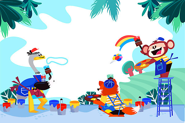 동물 일러스트 사다리 사람없음 원숭이 그리기 팔레트 벽화 페인트통 여우 페인트붓 타조 프레임일러스트 국내일러스트 AI파일 포유류 모션 조류 프레임 통 페인트 도구 붓 그림 파일형식 벡터