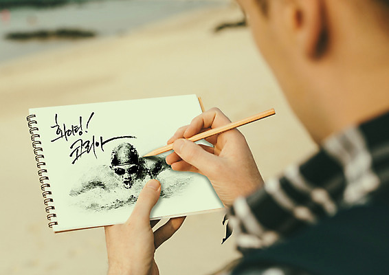 PSD 편집 편집이미지 남자 올림픽 응원 한국 상반신 성인 뒷모습 연필 파이팅 공책 수영 스케치 이미지편집 아시아 스포츠 뷰포인트 모션 문구용품 학용품 미술 사람 필기구 수상스포츠 파일형식