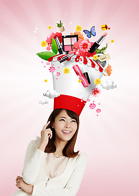 PSD 구름 편집 편집이미지 여자 꽃 나비 한명 웃음 상반신 20대 성인 선물상자 뷰티 한국인 립스틱 허브 립글로스 아이섀도 이미지편집 자연요소 식물 1 곤충 표정 선물 사람 동양인 청년 상자 화장품 파일형식