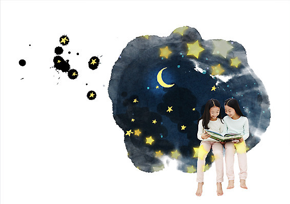 전신 PSD 편집 편집이미지 어린이교육 교육 별 어린이 상상 웃음 앉기 소녀 두명 책 독서 한국인 달 야간 이미지편집 자연요소 여자 모션 표정 사람 동양인 파일형식