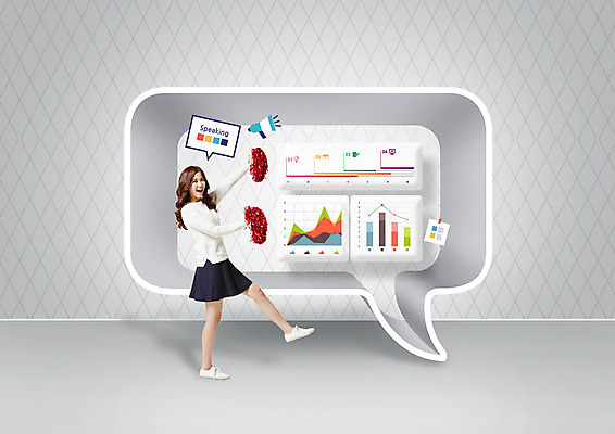 전신 PSD 편집 편집이미지 여자 교육 말풍선 응원 그래프 한명 서기 웃음 20대 성인 옆모습 확성기 한국인 응원수술 이미지편집 1 뷰포인트 모션 표정 사람 동양인 청년 응원용품 파일형식