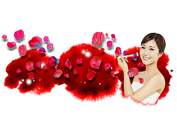 PSD 편집 편집이미지 우먼라이프 여자 꽃잎 캘리그라피 한명 웃음 상반신 20대 성인 화장 뷰티 화장품 붓 튜브탑 일본인 볼터치 이미지편집 외국인 1 라이프스타일 꽃 상의 표정 사람 동양인 청년 파일형식