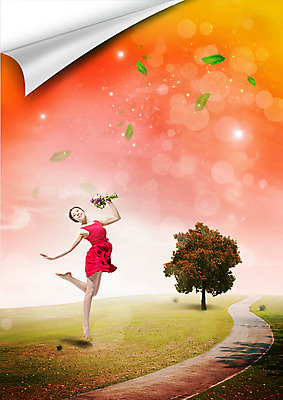 전신 PSD 나무 편집 편집이미지 우먼라이프 원피스 여자 길 꽃다발 나뭇잎 한명 잔디 20대 성인 뷰티 점프 한국인 이미지편집 식물 1 라이프스타일 옷 꽃 잎 모션 사람 동양인 청년 파일형식