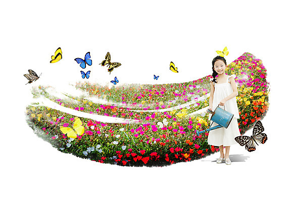 전신 PSD 편집 편집이미지 원피스 어린이 나비 꽃밭 한명 서기 웃음 소녀 물뿌리개 한국인 이미지편집 1 옷 여자 꽃 곤충 모션 표정 사람 동양인 파일형식