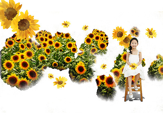 전신 PSD 편집 편집이미지 원피스 어린이 꽃밭 의자 해바라기 한명 웃음 앉기 소녀 한국인 이미지편집 1 옷 여자 꽃 가구 모션 표정 사람 동양인 파일형식