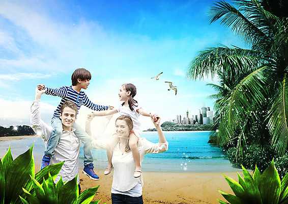 PSD 서양인 구름 편집 편집이미지 여자 남자 딸 아들 여행 가족 갈매기 하늘 엄마 가족여행 웃음 소녀 빌딩 소년 여러명 상반신 성인 해변 야자수 목말 아빠 이미지편집 자연요소 외국인 나무 어린이 바다 다수 관계 모션 조류 표정 사람 건물 파일형식