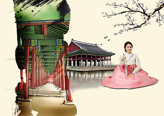 전신 PSD 편집 편집이미지 여자 여행 고건축 한명 앉기 손짓 성인 30대 관광지 한국인 문화재 벚꽃 나뭇가지 최고 한복 단청 경복궁 경회루 국내여행 이미지편집 나무 1 한국전통 건축물 꽃 모션 한국 사람 동양인 장년 궁전 전통의상 파일형식