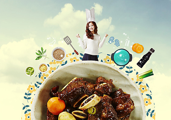 PSD 구름 편집 편집이미지 접시 여자 음식 하늘 요리사모자 한명 상반신 20대 성인 쿠키 한국인 양념 조미료 냄비 허브 양념통 뒤집개 파 갈비찜 주방장갑 이미지편집 자연요소 식물 모자_잡화 1 식기 장갑 채소 주방용품 디저트 통 사람 동양인 청년 요리사 솥 찜 갈비 향미료 파일형식