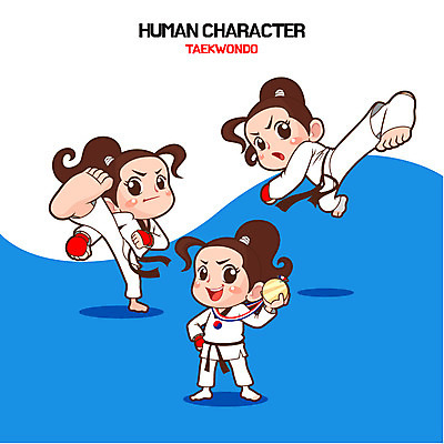 전신 여자 어린이 일러스트 세명 킥 태권도 태권도복 금메달 태권도캐릭터 일러캐릭터 AI파일 캐릭터 모션 도복 사람 격투기 메달 파일형식 벡터