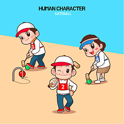 전신 모자 여자 남자 일러스트 성인 세명 게이트볼 국내일러스트 AI파일 잡화 사람 구기 파일형식 벡터
