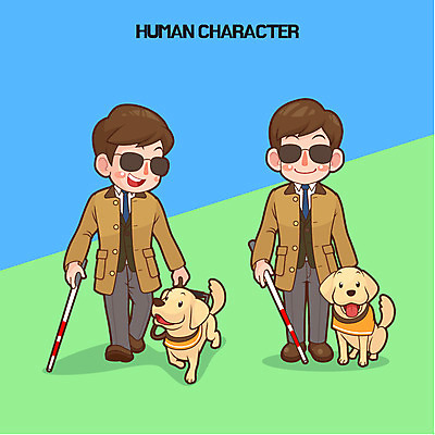 전신 남자 일러스트 지팡이 성인 두명 선글라스 강아지 시각장애인 안내견 국내일러스트 AI파일 안경 사람 반려동물 개 장애인 파일형식 벡터