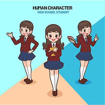 전신 학생 여자 교복 일러스트 청소년 책 세명 국내일러스트 AI파일 옷 사람 파일형식 벡터