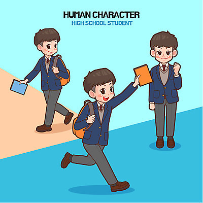 전신 학생 남자 교복 일러스트 청소년 책가방 책 세명 국내일러스트 AI파일 옷 가방 사람 파일형식 벡터