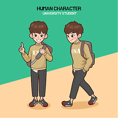 전신 남자 대학생 일러스트 성인 두명 주머니손 백팩 국내일러스트 AI파일 학생 가방 모션 사람 파일형식 벡터