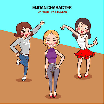 전신 여자 대학생 허리손 일러스트 성인 세명 국내일러스트 AI파일 학생 포즈 사람 파일형식 벡터