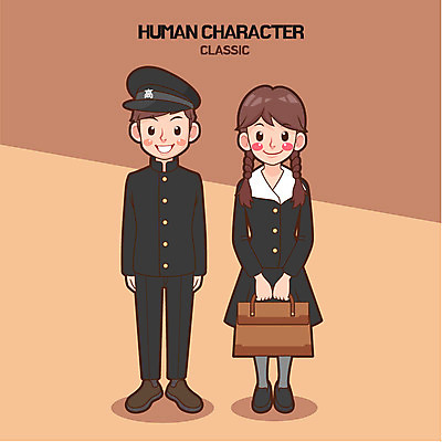 전신 학생 여자 남자 교복 일러스트 청소년 양갈래머리 책가방 두명 복고 국내일러스트 AI파일 헤어스타일 옷 가방 사람 파일형식 벡터