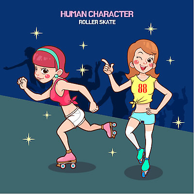 전신 여자 허리손 일러스트 성인 두명 롤러블레이드 복고 롤러스케이트화 국내일러스트 AI파일 포즈 사람 취미 파일형식 벡터