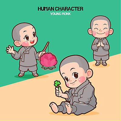 전신 남자 어린이 불교 일러스트 세명 클로버 동자승 연등 불교캐릭터 일러캐릭터 AI파일 캐릭터 종교 사람 등불 승려 불교용품 파일형식 벡터
