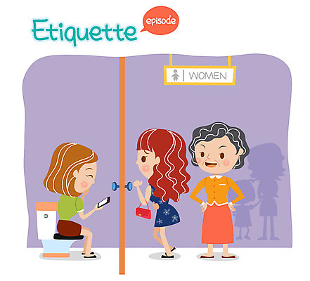 여자 일러스트 성인 세명 스마트폰 예절 화장실 변기 공공예절 공공장소 공중화장실 국내일러스트 AI파일 사람 핸드폰 스마트기기 장소 파일형식 벡터