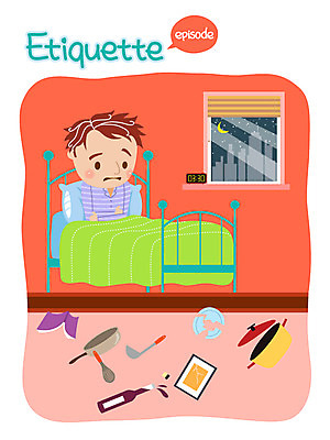 접시 남자 일러스트 창문 한명 성인 책 손상 자명종 침대 예절 프라이팬 냄비 와인병 국자 소음 공공예절 공공장소 국내일러스트 AI파일 1 식기 시계 가구 컨셉 주방용품 병_용기 사람 와인 소리 장소 알람 솥 파일형식 벡터