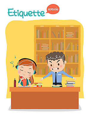 여자 남자 일러스트 책장 성인 두명 책 헤드셋 음악감상 예절 도서관 공공예절 공공장소 국내일러스트 AI파일 교육 음향기기 가구 사람 헤드폰 감상 장소 파일형식 벡터