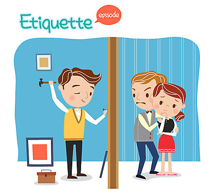 여자 남자 벽 액자 일러스트 성인 세명 예절 못 망치 소음 공공예절 공공장소 망치질 국내일러스트 AI파일 모션 사람 소리 장소 공구 파일형식 벡터