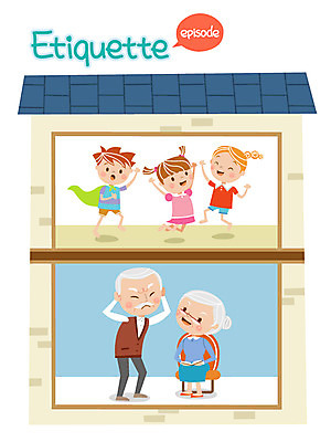 여자 노년 남자 어린이 일러스트 주택 여러명 성인 예절 공공예절 공공장소 층간소음 국내일러스트 AI파일 다수 사람 건물 장소 소음 파일형식 벡터