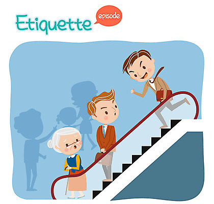 여자 노년 남자 일러스트 지팡이 성인 세명 달리기 예절 에스컬레이터 공공예절 공공장소 국내일러스트 AI파일 모션 사람 장소 파일형식 벡터