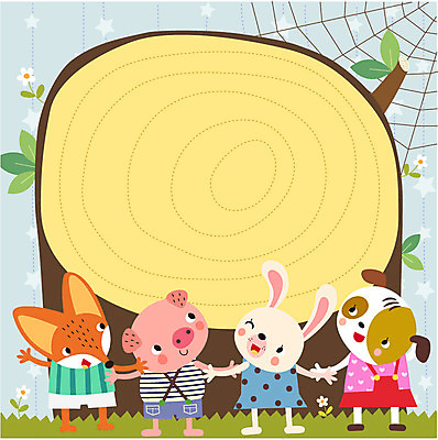 동물 동물캐릭터 일러스트 의인화 사람없음 토끼 돼지 강아지 거미줄 여우 나무밑둥 프레임일러스트 국내일러스트 일러캐릭터 AI파일 나무 캐릭터 포유류 프레임 반려동물 개 파일형식 벡터