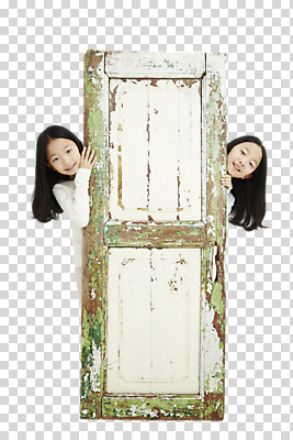 편집 편집이미지 여자 어린이 가족 서기 미소 상반신 두명 앞모습 화목 다정 한국인 쌍둥이 자매 나무문 PNG 숨기 어린이만 소녀만 편집소스 뷰포인트 컨셉 관계 모션 표정 사람 동양인 목재 문 여자만 파일형식