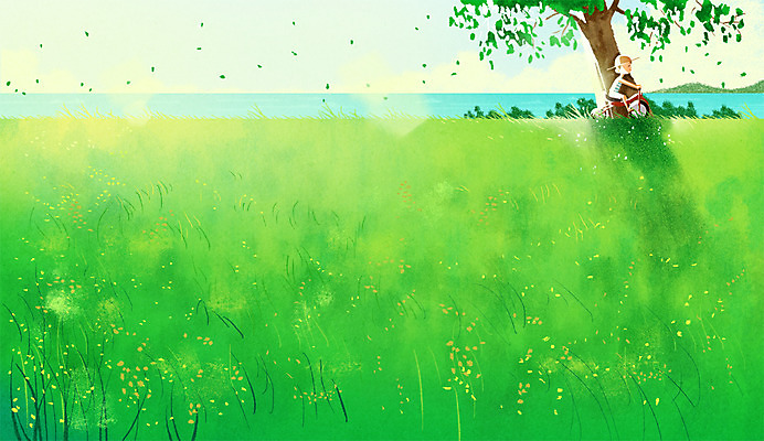 PSD 나무 남자 어린이 일러스트 한명 초원 여름 자전거 국내일러스트 식물 1 계절 사람 바이크 파일형식