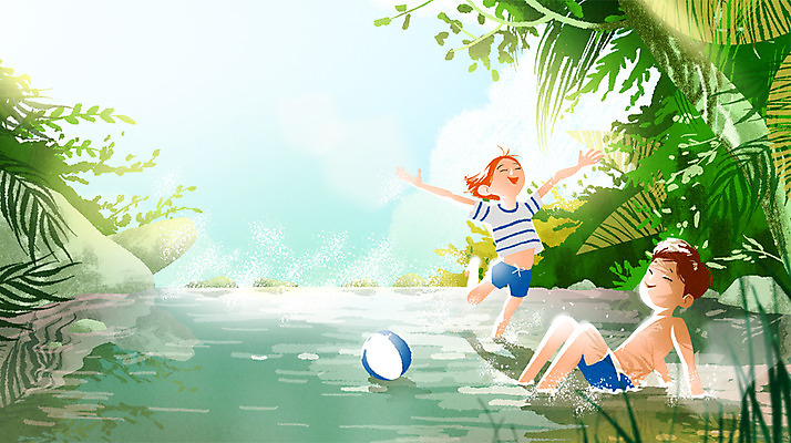 PSD 여자 남자 어린이 일러스트 물놀이 두명 여름 계곡 풀잎 비치볼 국내일러스트 계절 잎 공 놀이 바캉스용품 사람 풀_식물 파일형식