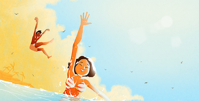 주간 PSD 여자 남자 바다 일러스트 물놀이 성인 야외 두명 여름 비키니 즐거움 국내일러스트 자연요소 계절 수영복 감정 놀이 사람 파일형식